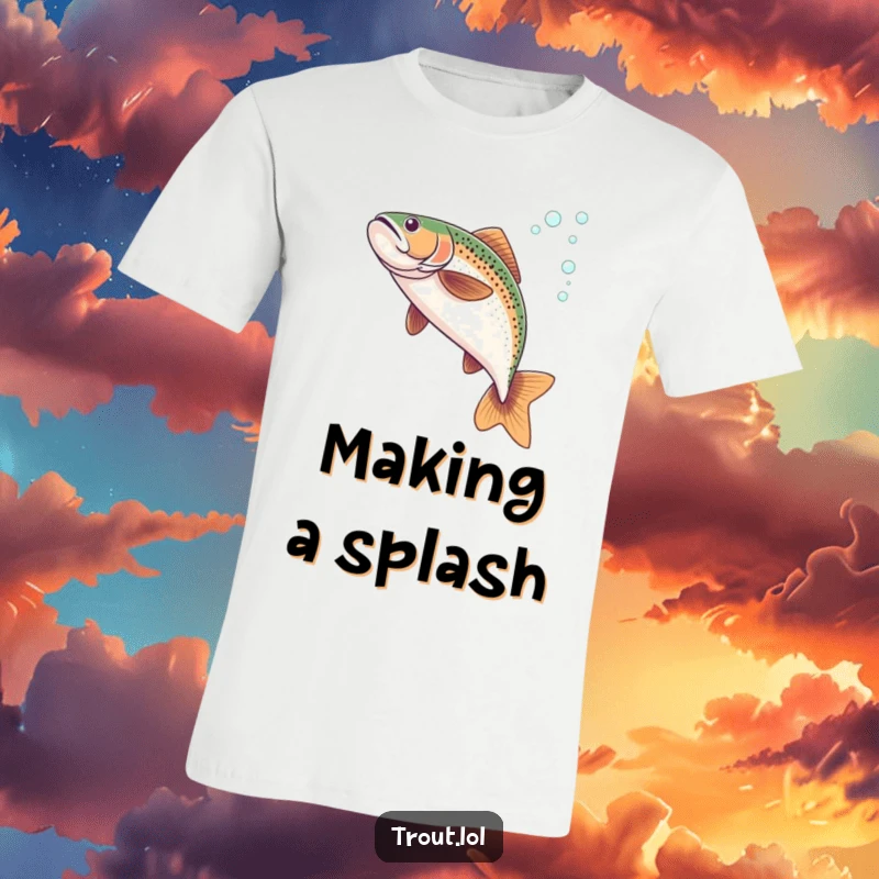 Funny t-shirt illustration of a trout performing a graceful mid-water flip, with a trail of bubbles.