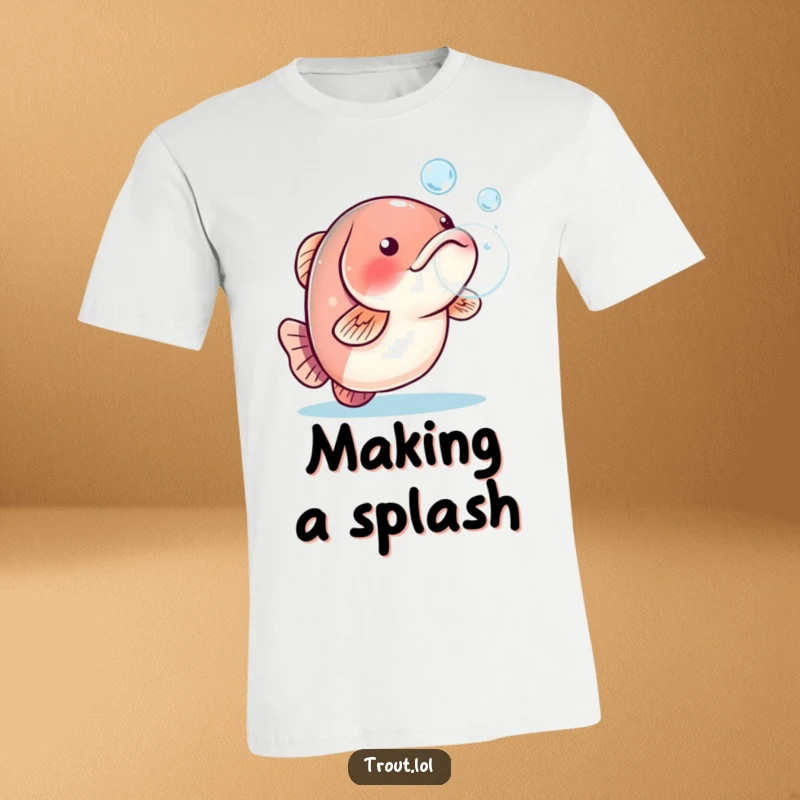 Funny t-shirt with a playful trout blowing a large water bubble, conveying a sense of lighthearted fun.