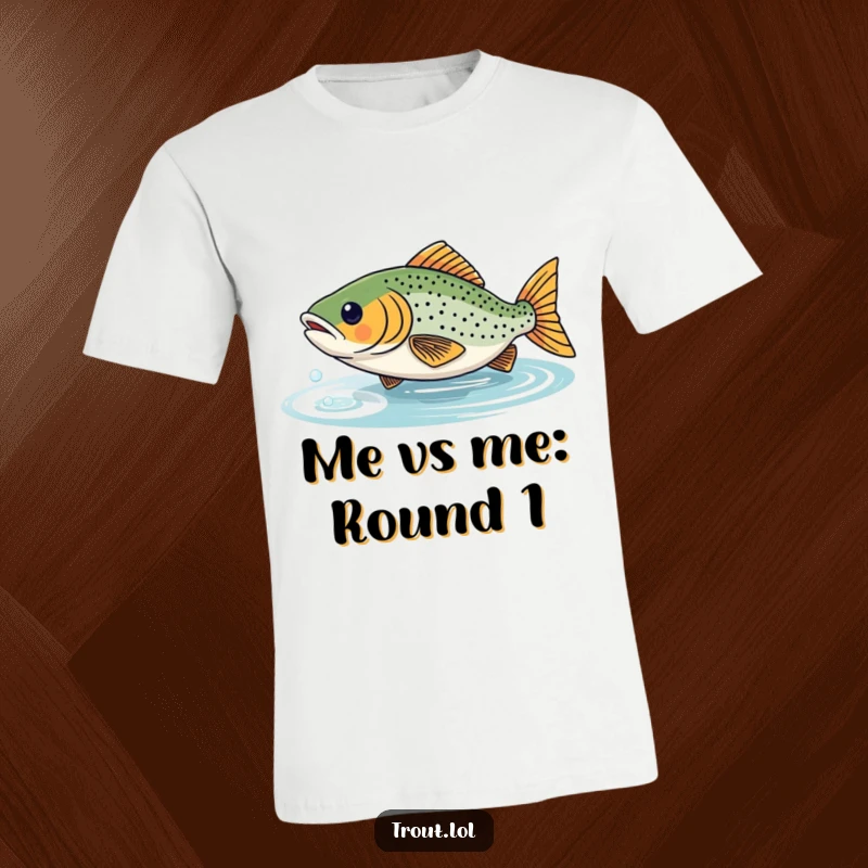 Funny t-shirt with a trout playfully chasing its own shimmering reflection, a humorous and dynamic fish design.