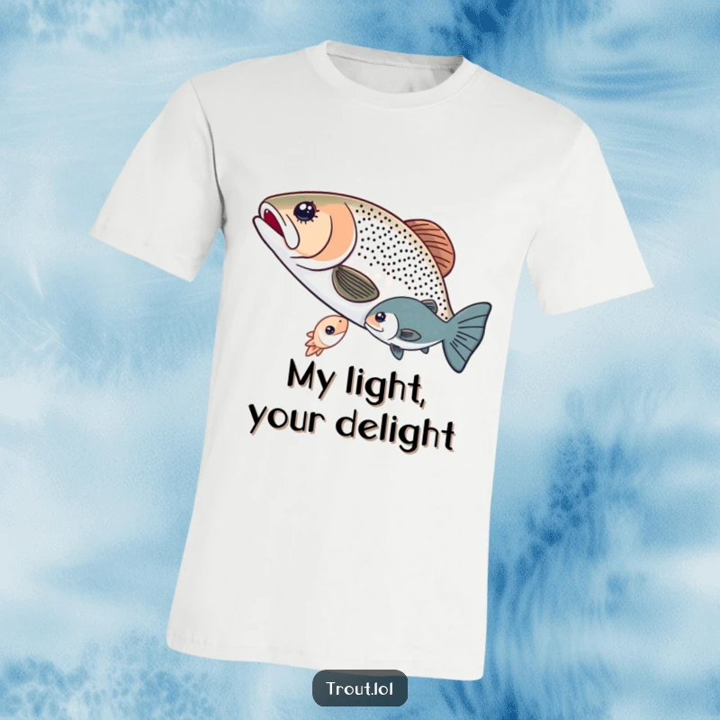 Funny t-shirt showing two trout in a heartwarming exchange, sharing a glowing microorganism, highlighting friendship and aquatic bonds.