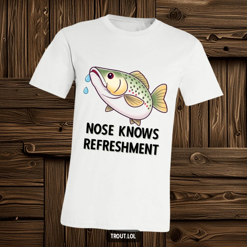 Funny t-shirt depicting a trout expertly catching a falling water droplet on its nose with a look of deep satisfaction.