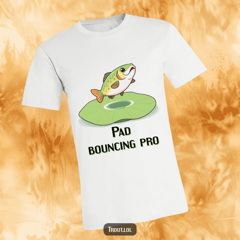 Funny t-shirt illustrating a happy trout mid-bounce on a giant lily pad, showcasing a moment of carefree aquatic fun.
