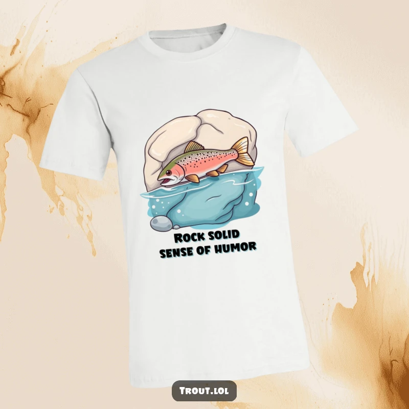 Funny T-Shirt illustrating a trout comically colliding with an underwater rock, capturing a moment of lighthearted clumsiness.