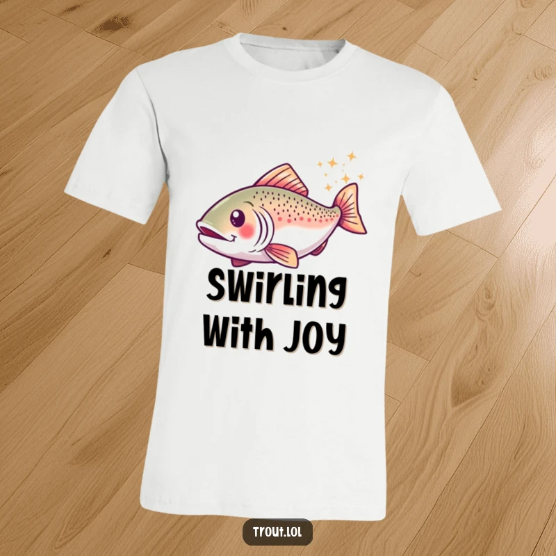 Funny t-shirt illustrating a trout in a happy swirl, leaving a magical trail of sparkles, radiating joy and positive energy.
