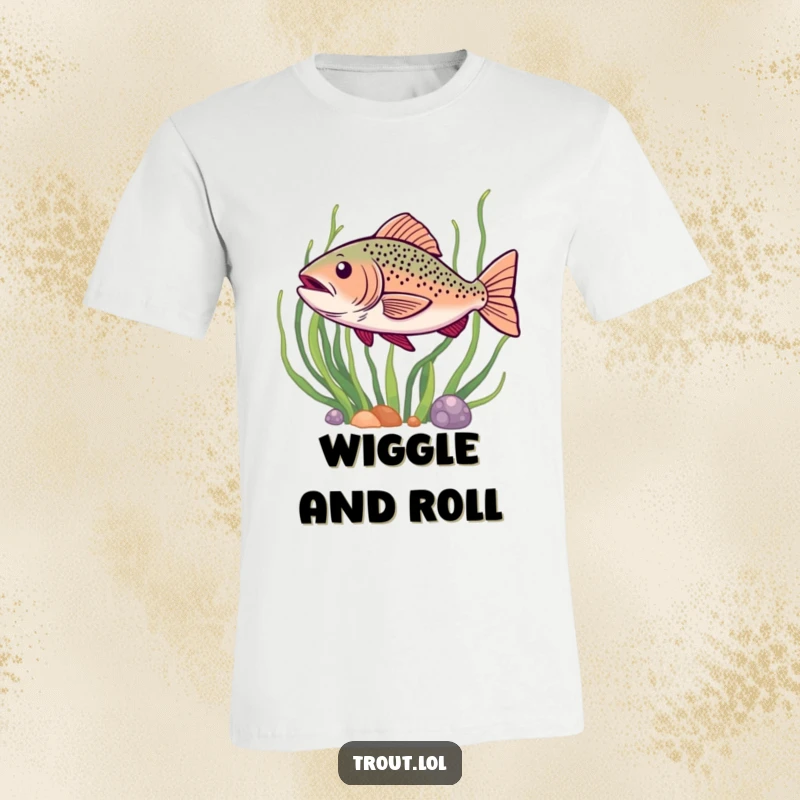 Funny t-shirt showing a trout with a happy wiggle swimming past seaweed, capturing lively underwater movement.