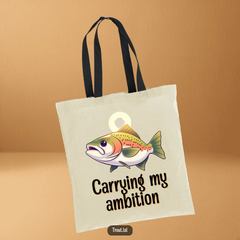 Funny Tote Bag showcasing a determined trout swimming towards a distant light, representing ambition and forward momentum.