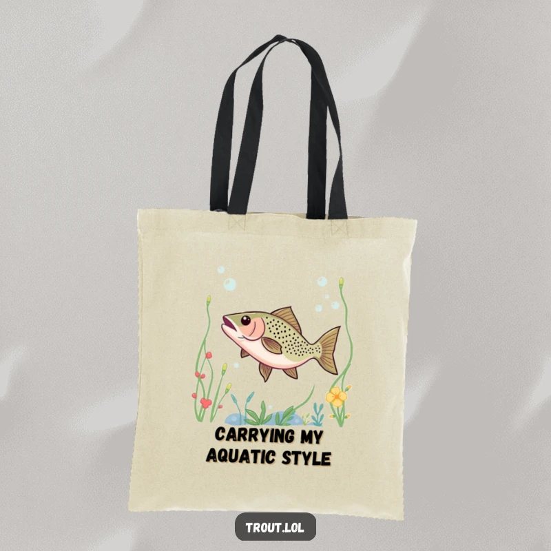 Funny tote bag with a trout dancing through underwater plants, great for adding humor to shopping and travel.