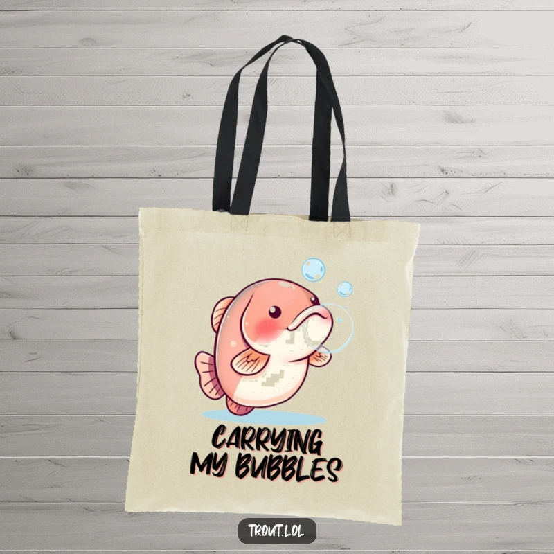 Funny tote bag with a playful trout blowing a water bubble, great for daily errands.