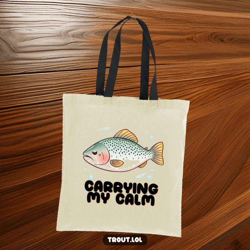 Funny tote bag depicting a trout serenely floating with eyes closed in clear water, a symbol of peace.