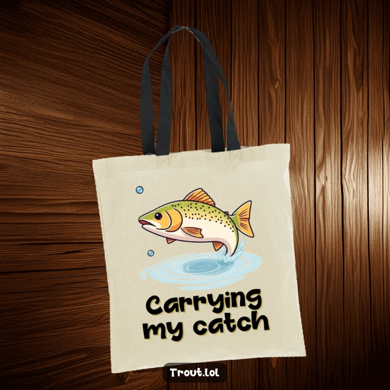 Funny tote bag featuring a small trout joyfully leaping from the water, perfect for carrying fishing gear.