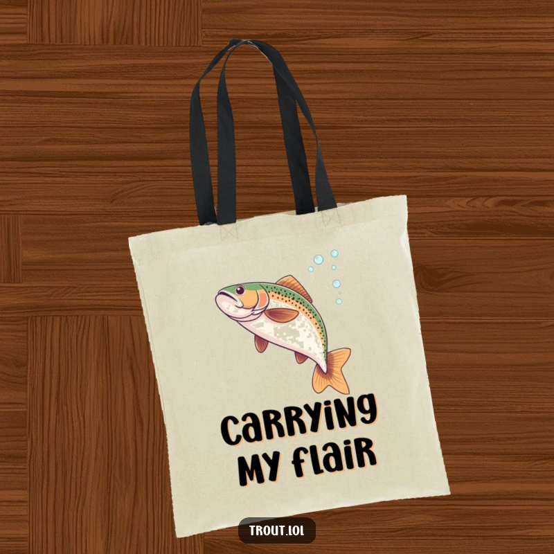 Funny tote bag featuring a trout mid-flip underwater, leaving a playful trail of bubbles.