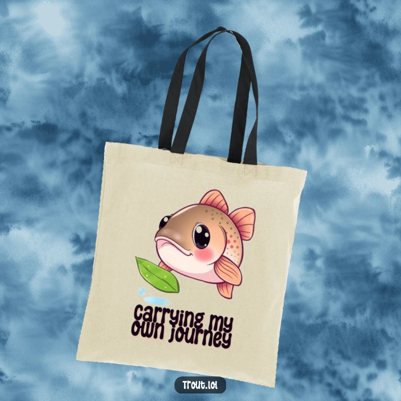 Funny tote bag featuring a trout with large, curious eyes, observing a leaf, a humorous illustration of simple fascination for eco-conscious shoppers.
