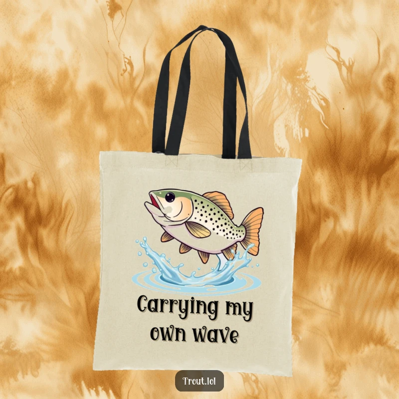 Funny Trout Tote Bag: Durable tote showcasing a trout joyfully splashing water with its tail, a symbol of pure bliss.