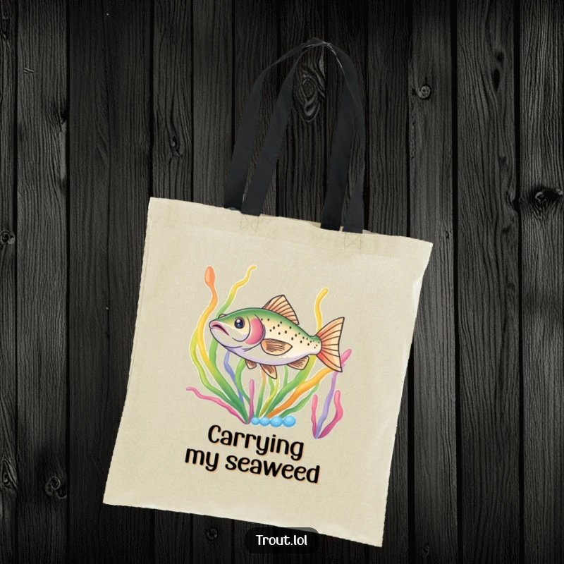 Funny tote bag showcasing a trout darting through colorful seaweed, perfect for carrying items with a touch of underwater flair.