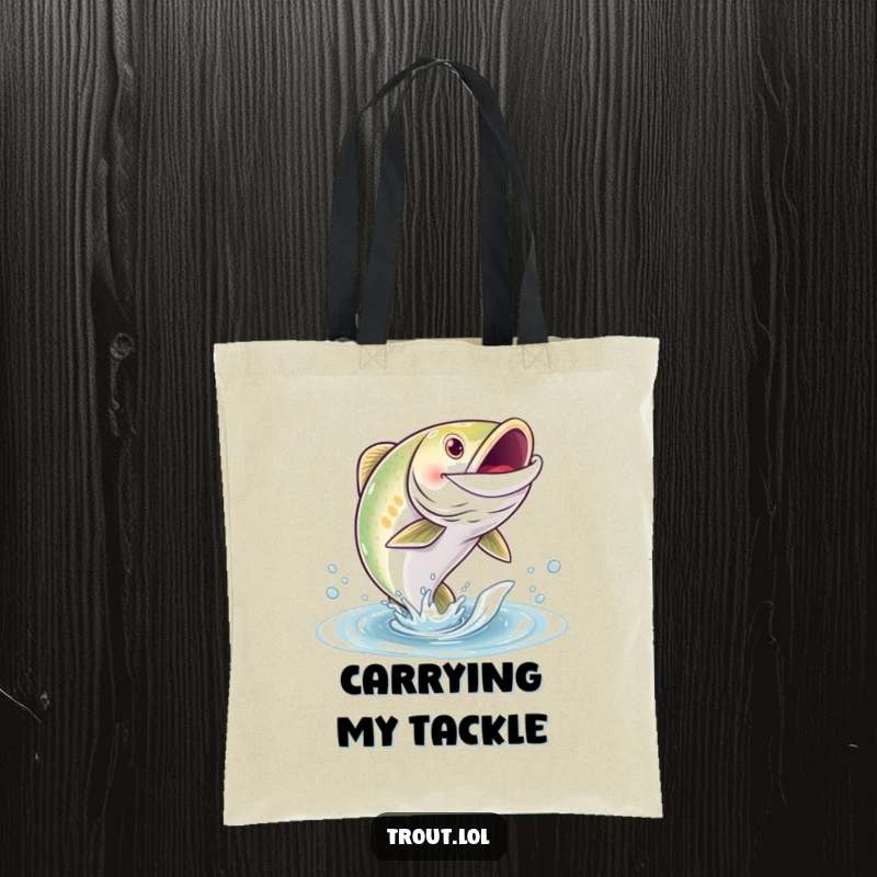 Funny tote bag with a grinning trout character leaping out of the water, perfect for carrying fishing gear or essentials.
