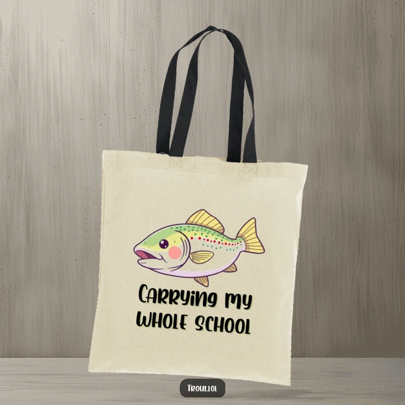Funny Tote Bag showcasing a cheerful trout gliding effortlessly, fins extended, bringing a sense of lightheartedness and fun.