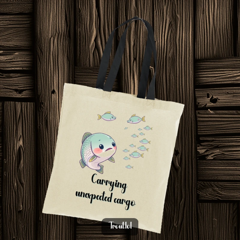 Funny tote bag with a trout looking surprised by tiny fish, ideal for carrying items with a touch of comical disbelief.