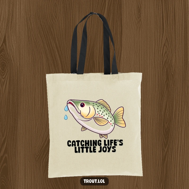 Funny tote bag illustration of a trout catching a precise water droplet on its nose with evident, smug satisfaction.