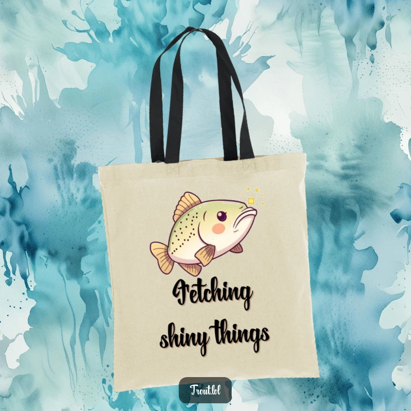 Funny Kawaii Trout Tote Bag with a playful fish chasing a shimmering light, a humorous and practical accessory.