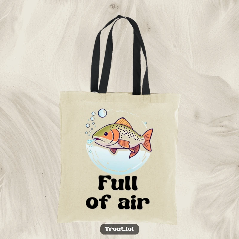 Funny tote bag showing a trout underwater blowing a delightful stream of bubbly rings, perfect for everyday use.