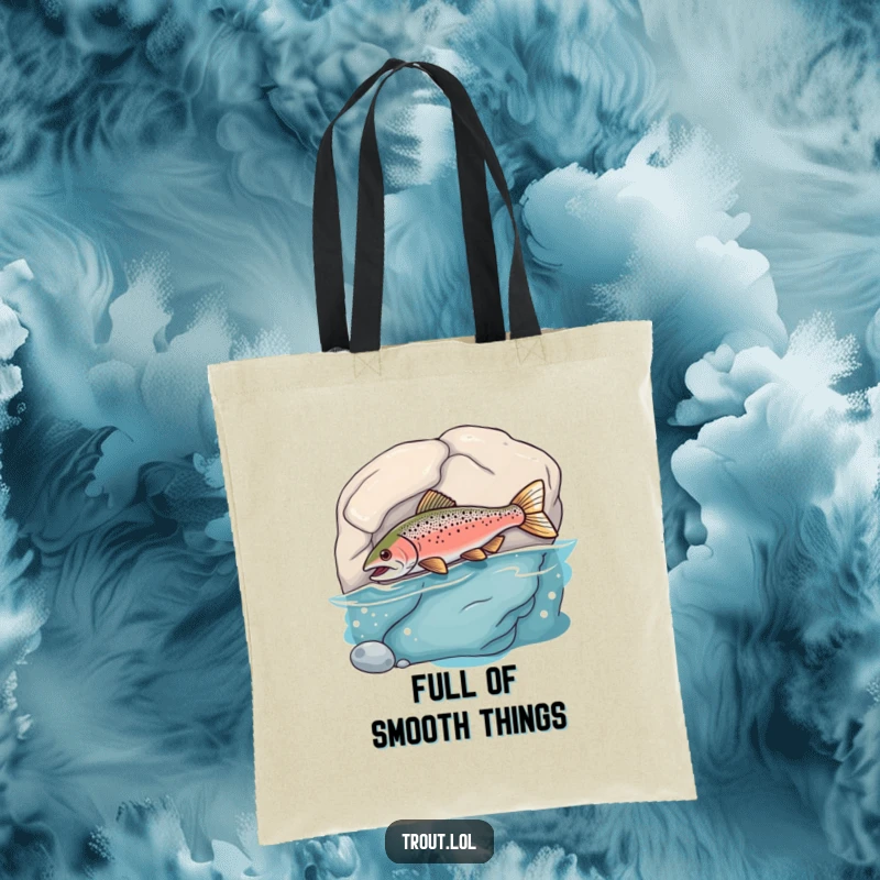 Funny Tote Bag with a trout comically bumping into a rock, perfect for carrying essentials with a side of laughter.