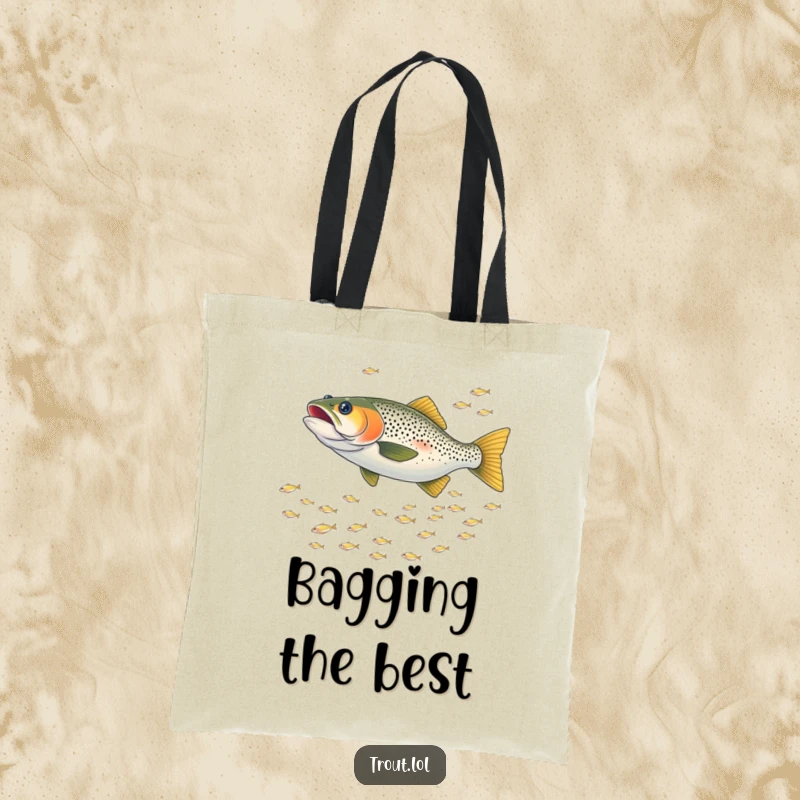 Funny tote bag featuring a trout playfully chasing a school of tiny shimmering fish, perfect for carrying daily essentials.