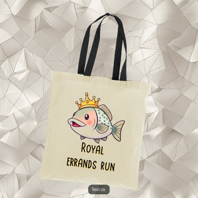Funny tote bag featuring a smiling trout wearing a crown, swimming with regal excitement, perfect for carrying daily essentials.