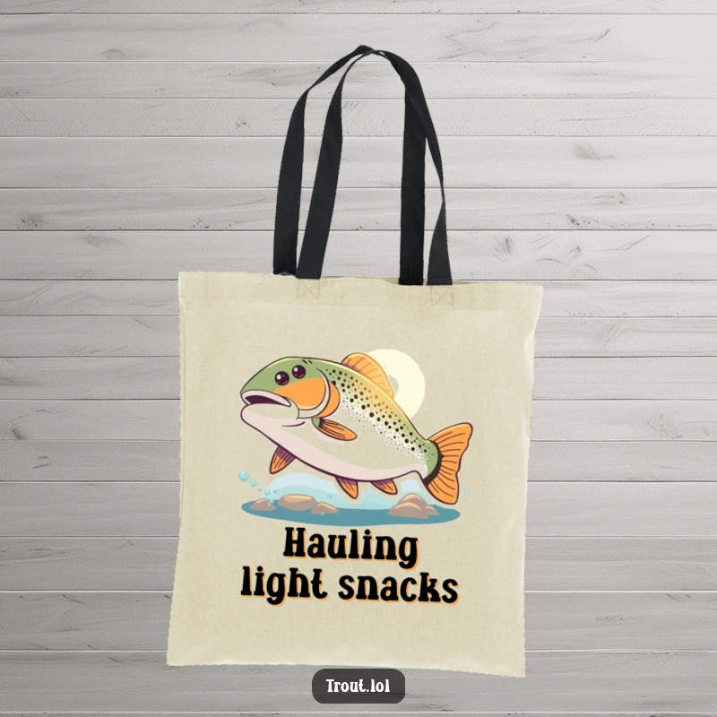 Funny determined trout tote bag depicting a trout swimming with great zeal towards a bright light, perfect for carrying daily items.