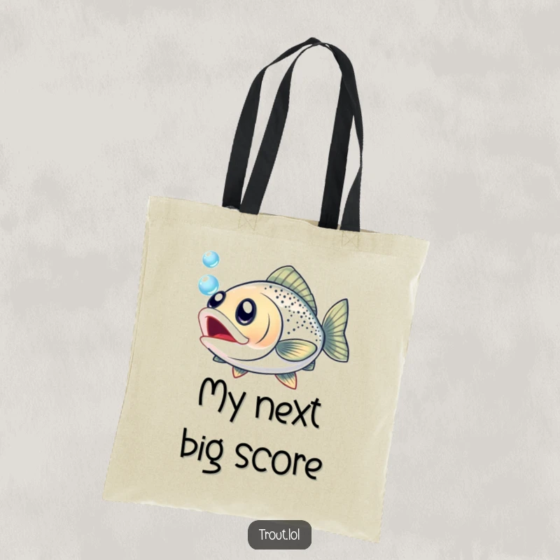 Funny tote bag featuring a trout with wide, eager eyes chasing a mesmerizing bubble, ready for errands.