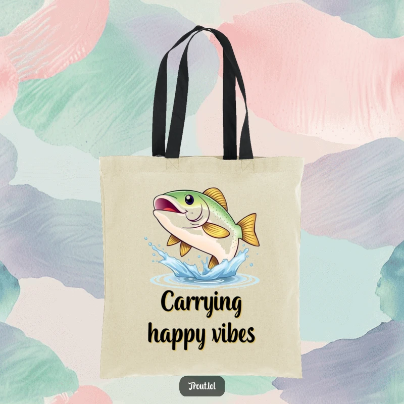 Funny tote bag illustrating a shimmering trout's joyful leap from a splash, its wide smile radiating happiness and aquatic fun for anglers.