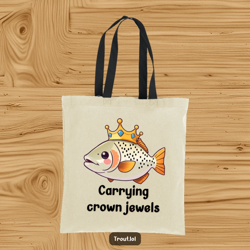 Funny Kawaii Trout Tote Bag with a crowned trout swimming regally, a humorous and practical accessory.