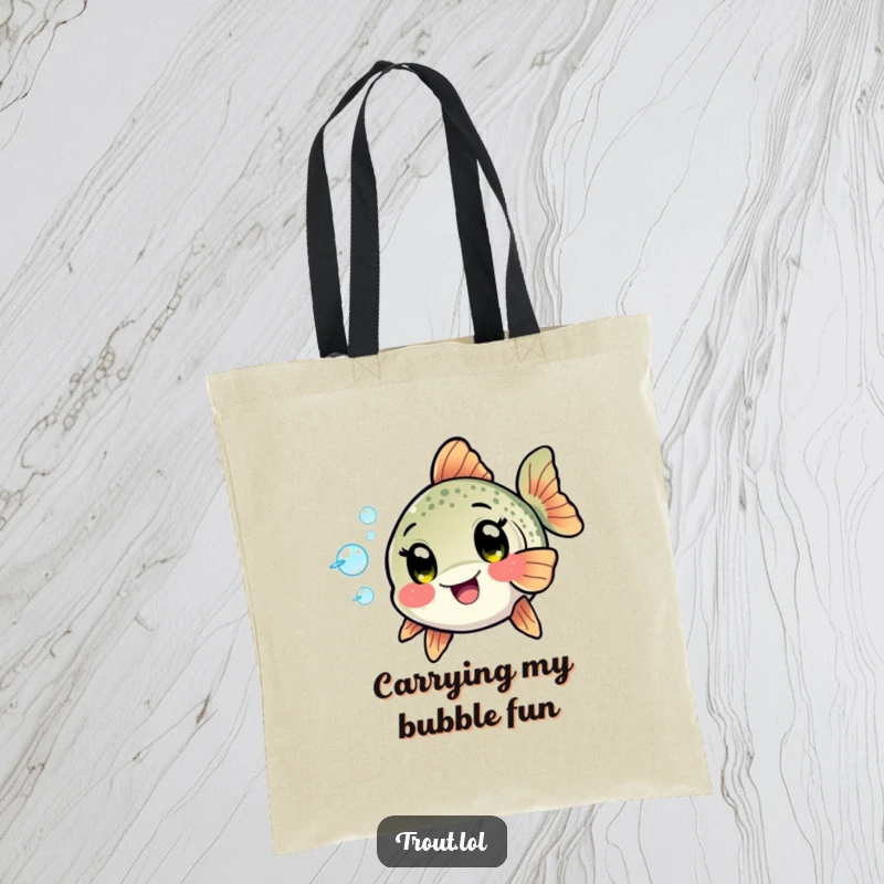 Funny Kawaii Trout Tote Bag: A trout with excited eyes playfully blows bubbles, perfect for carrying essentials with aquatic charm and humor.
