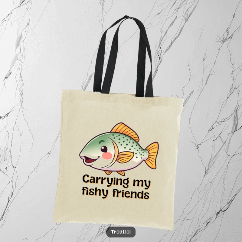 Funny kawaii trout tote bag showcasing a happy, wiggling fish, ideal for carrying items with a touch of humor and as a funny gift.