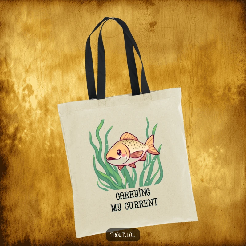 Funny tote bag showcasing a grinning kawaii trout swimming playfully through colorful seaweed, ideal for market trips or beach days.