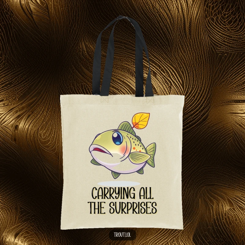 Funny tote bag showing a trout with comically wide, surprised eyes reacting to a falling leaf.