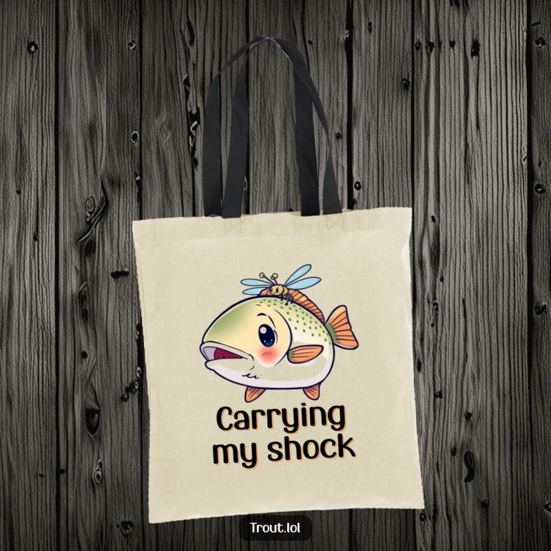 Funny Surprised Kawaii Trout Tote Bag with a shocked fish looking at a dragonfly, a humorous accessory.