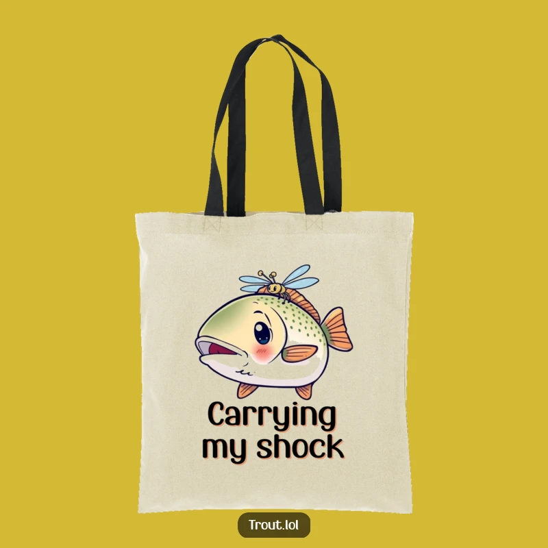 Funny Surprised Trout Tote Bag: Shocked Fish & Dragonfly Carryall, Gift