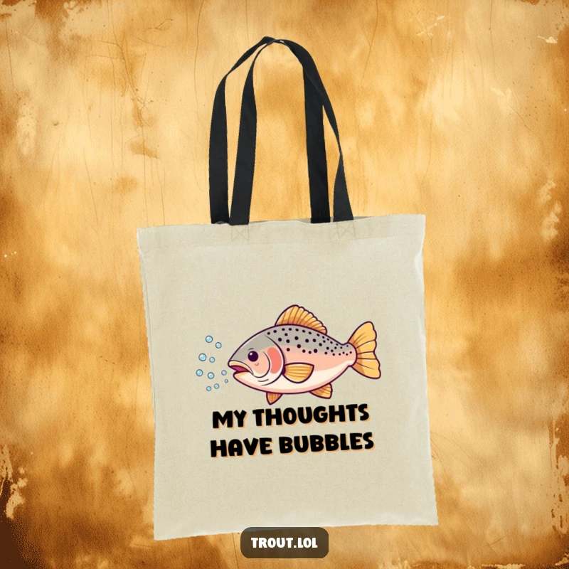 Funny tote bag depicting a whimsical trout blowing a cheerful stream of tiny bubbles, perfect for carrying humor.