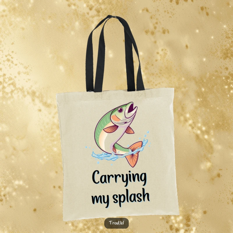 Funny tote bag with a trout doing a graceful flip in clear blue water, ideal for carrying items with a splash of humor.