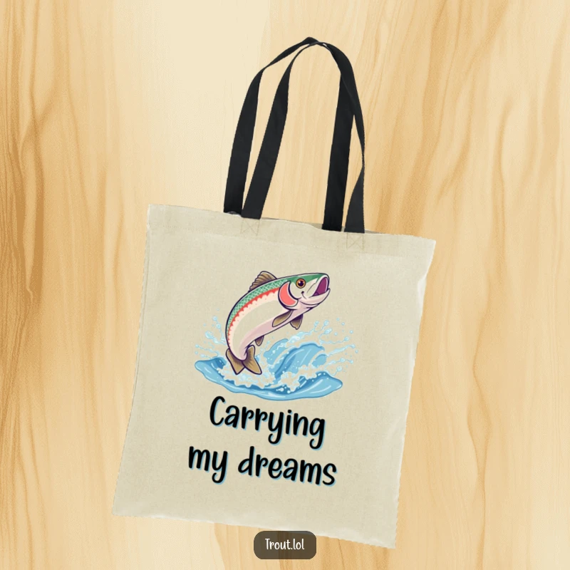 Funny tote bag illustrating a gleeful trout leaping out of a sparkling water wave, great for beach or market trips.