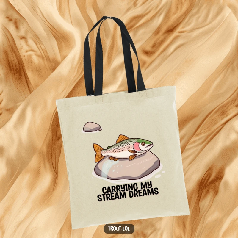 Funny tote bag with a trout sliding down a river rock, great for adding humor to shopping and travel.