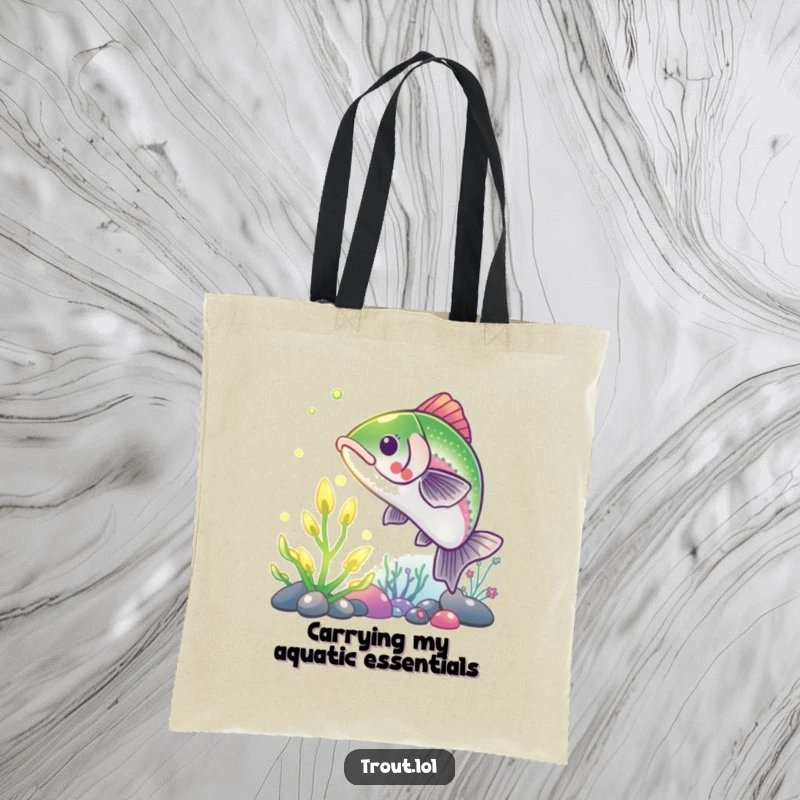 Funny Trout Tote Bag: A humorous illustration of a trout reaching for a shining underwater plant, perfect for carrying groceries.