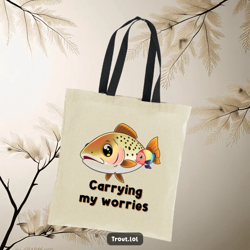 Funny Wide-Eyed Trout Tote Bag with a trout with wide eyes, curiously watching a colorful fish swim by, ideal for carrying daily items.