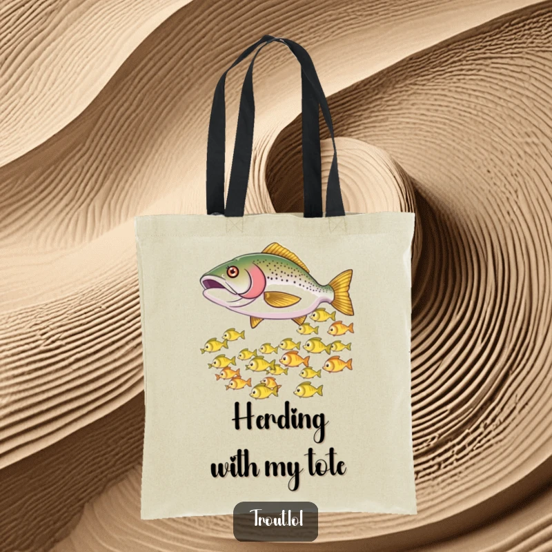Funny tote bag illustrated with a trout playfully nudging smaller fish, making them dart in a dynamic, aquatic scene.