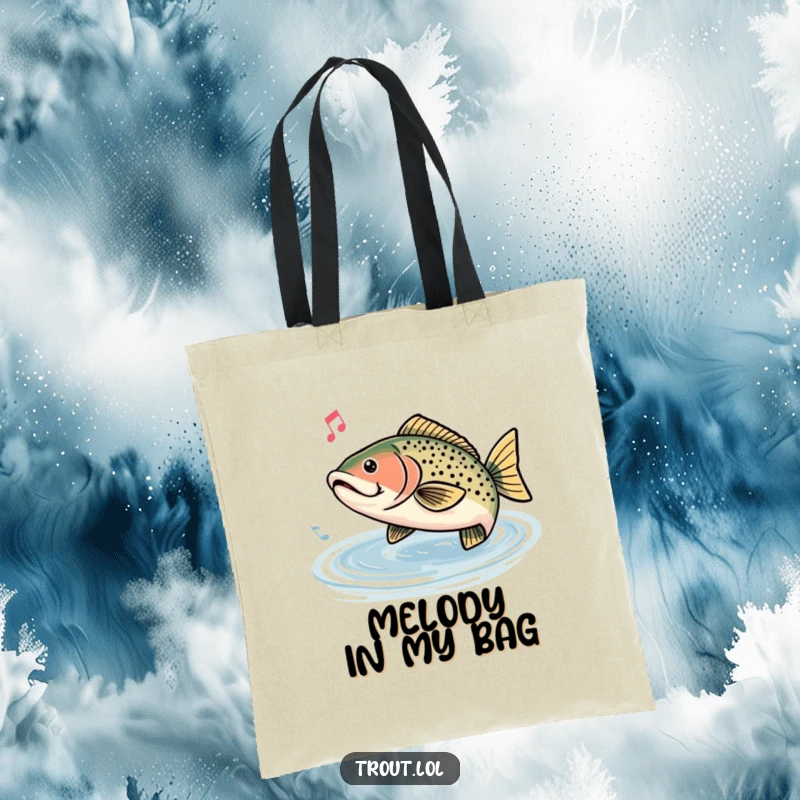 Funny tote bag illustrated with a trout humming a happy tune, accompanied by musical notes, ideal for carrying essentials.
