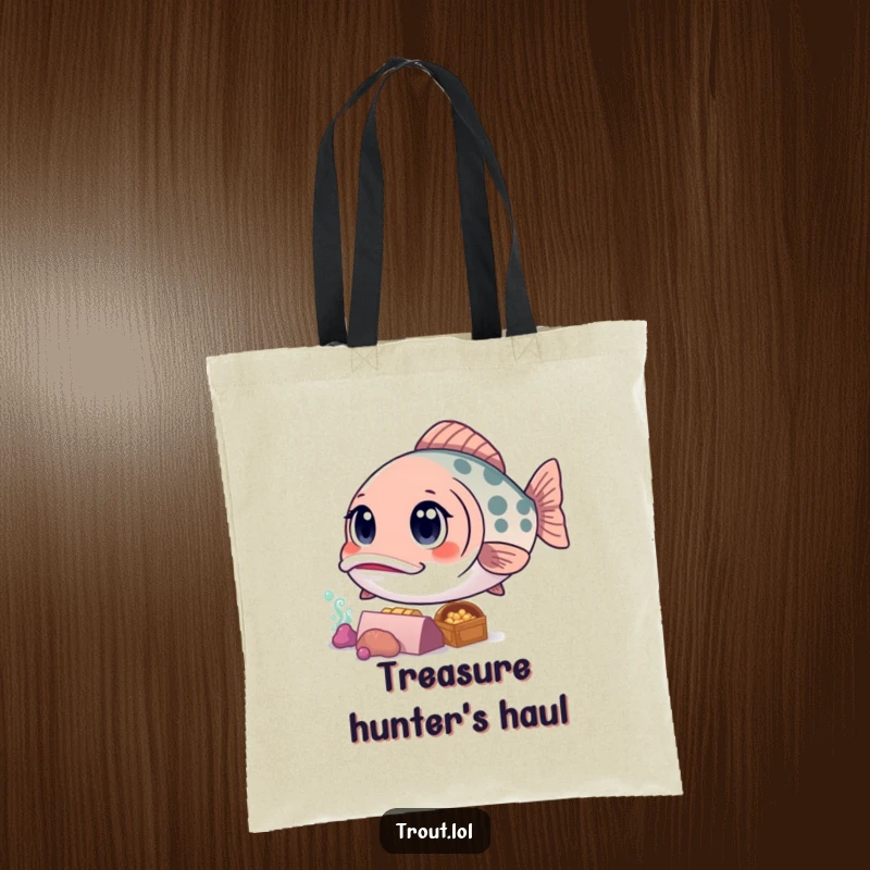 Funny tote bag showcasing a wide-eyed kawaii trout captivated by a sunken treasure chest, ideal for keeping your finds safe.