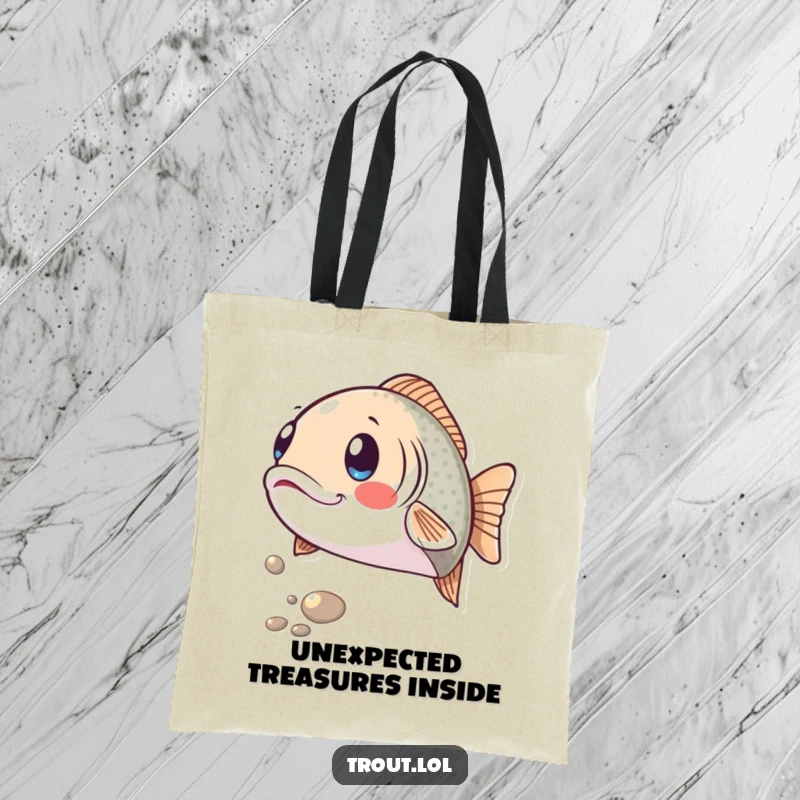 Funny tote bag featuring a trout with a comically surprised expression as a shiny pebble rolls by, a humorous and practical accessory.